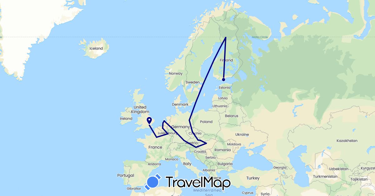 TravelMap itinerary: driving in Austria, Belgium, Czech Republic, Germany, Finland, France, United Kingdom, Hungary, Luxembourg, Netherlands, Sweden, Slovenia, Slovakia (Europe)